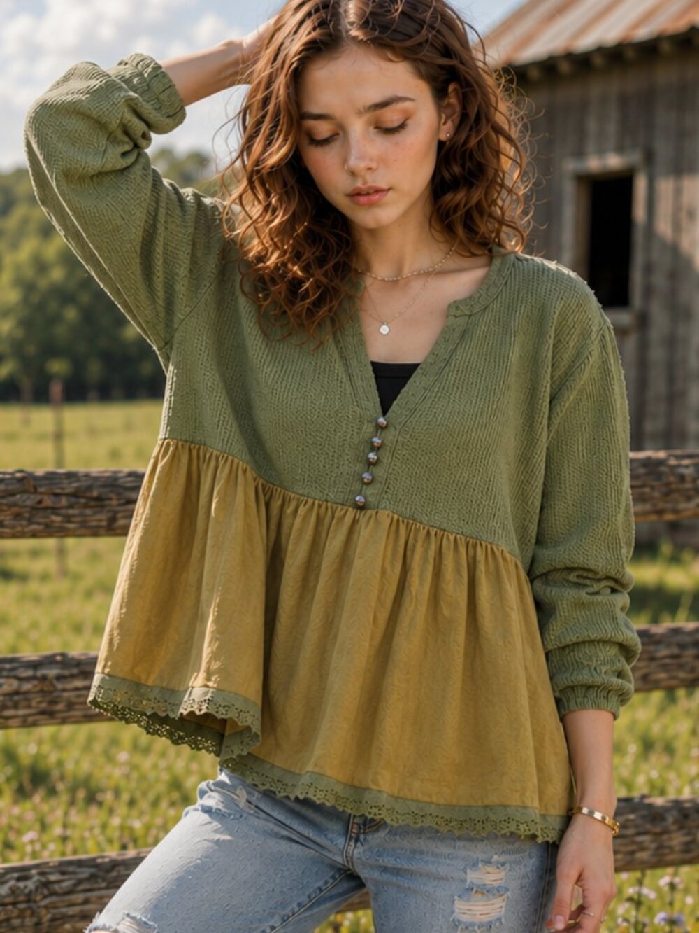 Adora Boho Cottagecore Olive Babydoll Waffle Knit Lace Trim Peplum Boutique Top